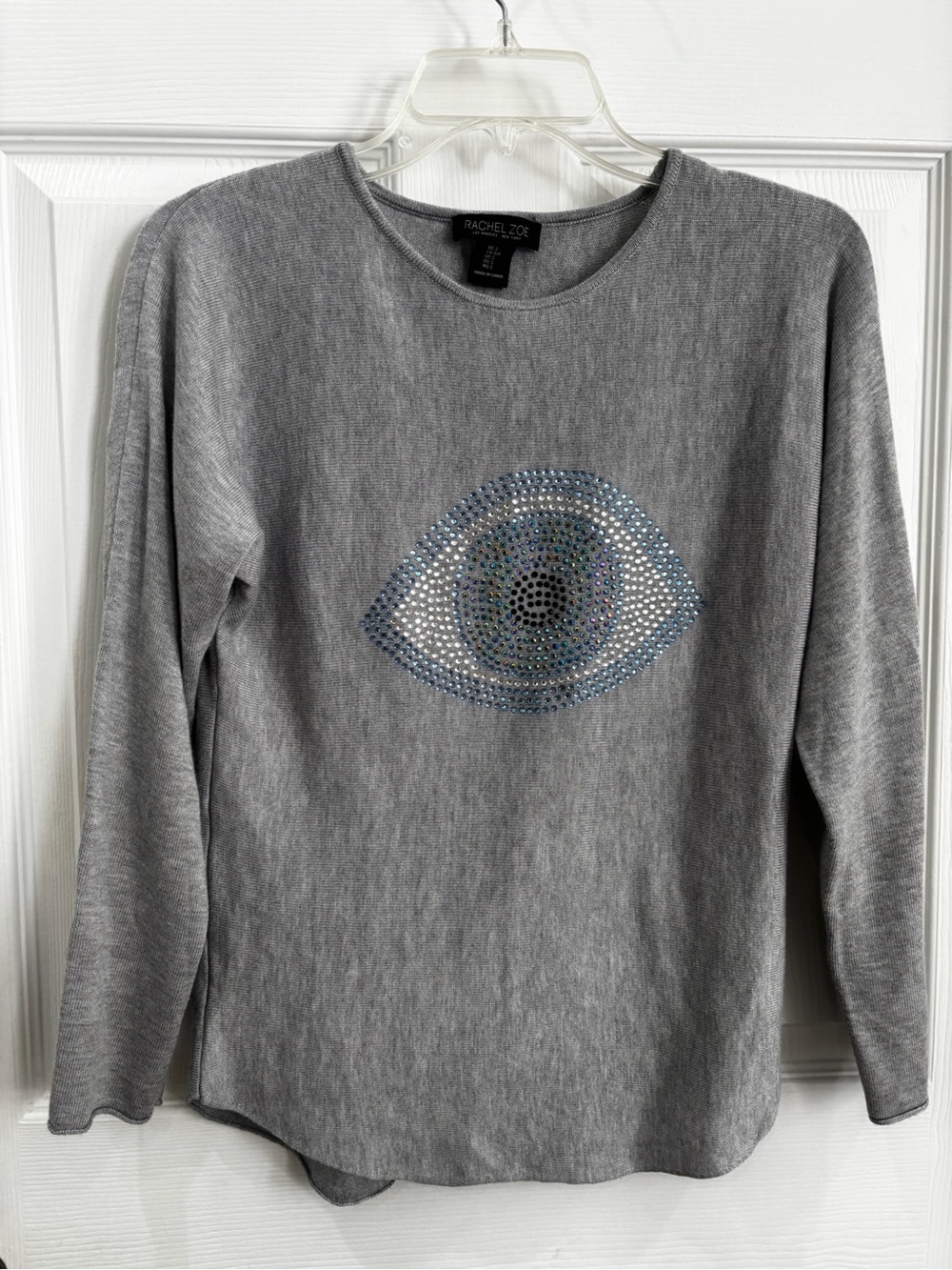Rachel Zoe Gray Long Sleeve Sweatshirt with Rhinestone Eye Motif